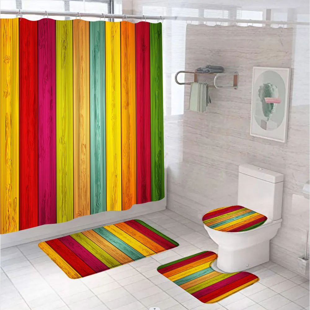 

4Pcs Shower Curtain Sets with Rug Colorful Retro Rainbow Watercolor Wooden Board Fabric Bath Curtains Bathroom Decor Mat Carpet