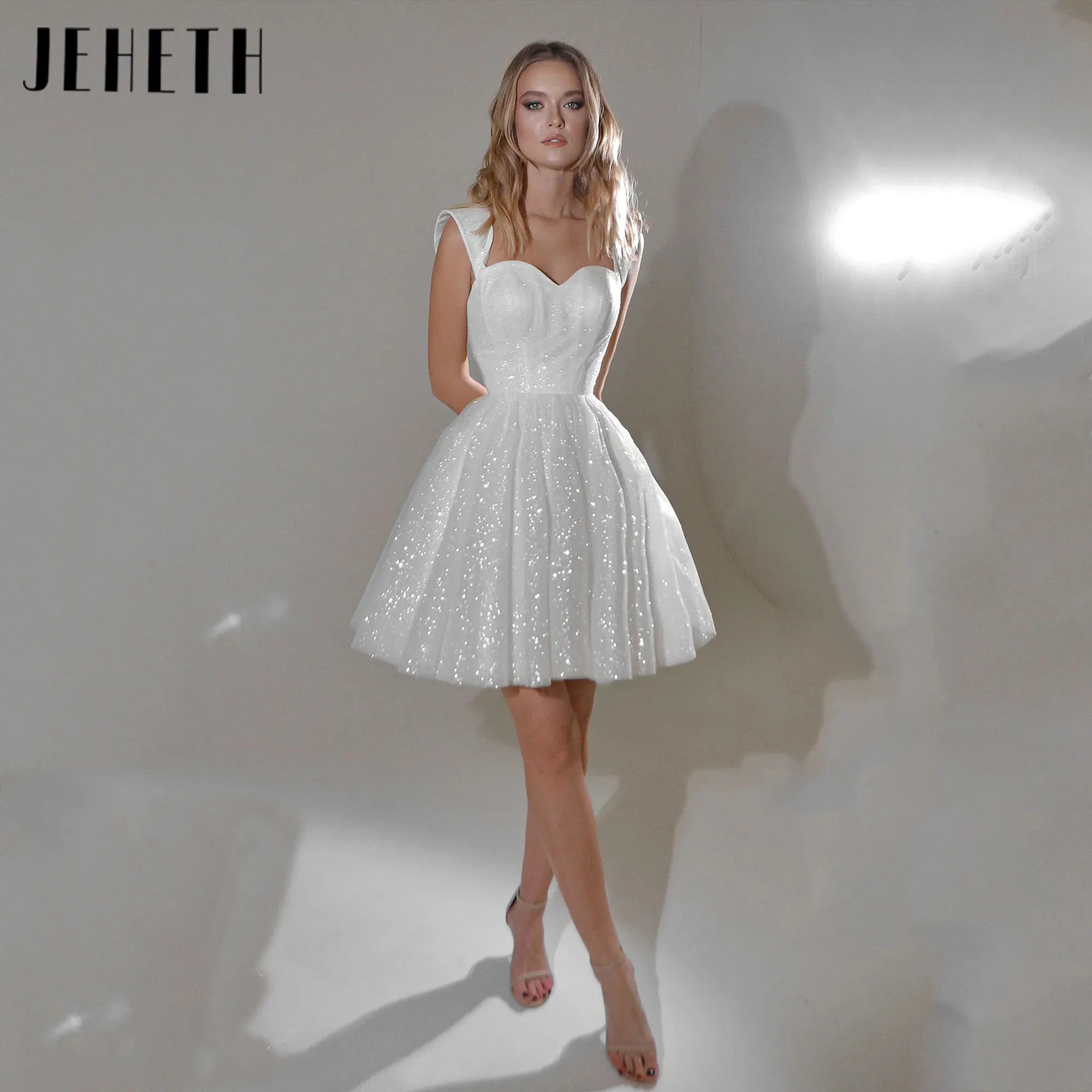 

JEHETH Customized Mini Wedding Dress Glitter Sweetheart Neck Off Shoulder A-Line Bridal Gown Ivory Tulle Formal Vestido De Noiva