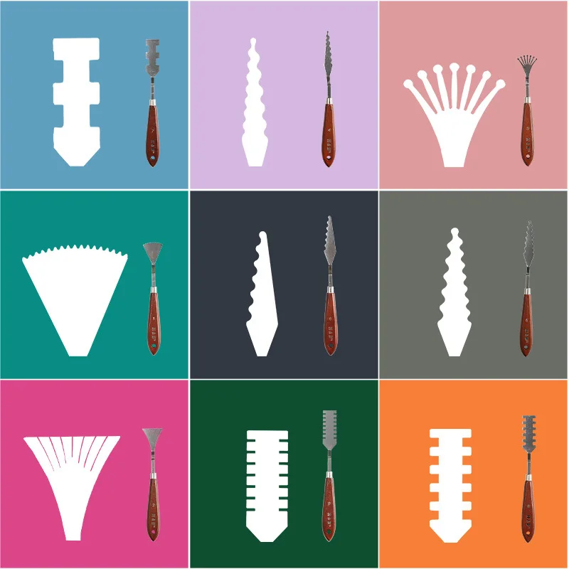 

Creative Painting Palette Knife Set of 9 Stainless Steel Painting Spatula Knife Wood Handle Create Texture Distinctive Shapes