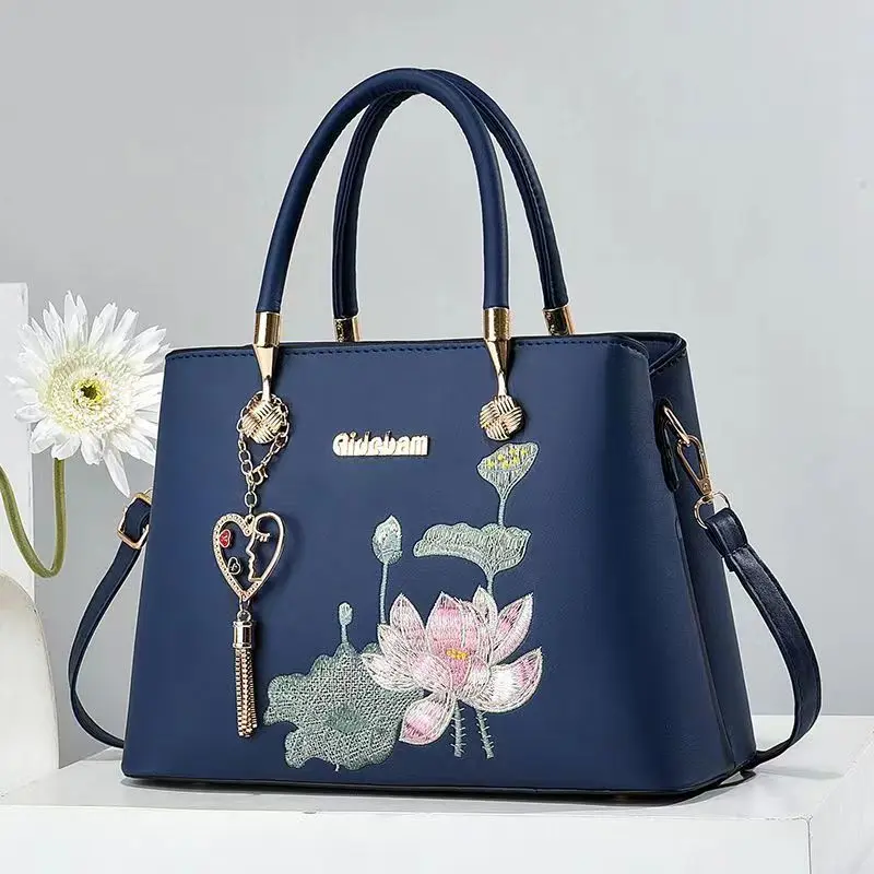 Embroidery lotus Women Crossbody Bag 2024 Thread Luxury Handbag Pu Leather Women Shoulder Bags Brand Sequined Tassel Bag