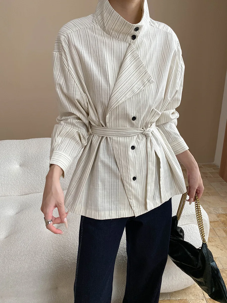 

2025 Spring And Autumn Fashion Two-Wear Collar Waist Design Striped Shirt Tops Long Sleeve Button Belt Commuter Women's Shirt