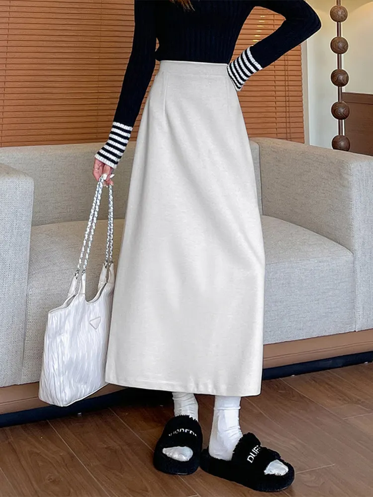 2026 New Long Woolen Skirts Women's Autumn Winter Thick High-waisted Straight Skirt Ladies Solid Color Warm Skirts U579