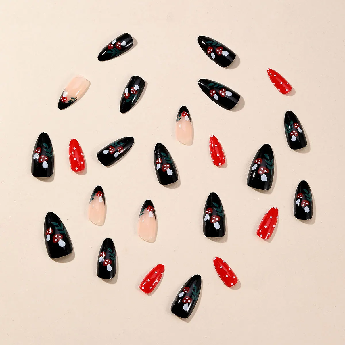 24pcs Almond Black Red French False Nails Press On Long Nail Tips Cute Fake Nails Stiletto Leaf Mushroom Print Decor Removable