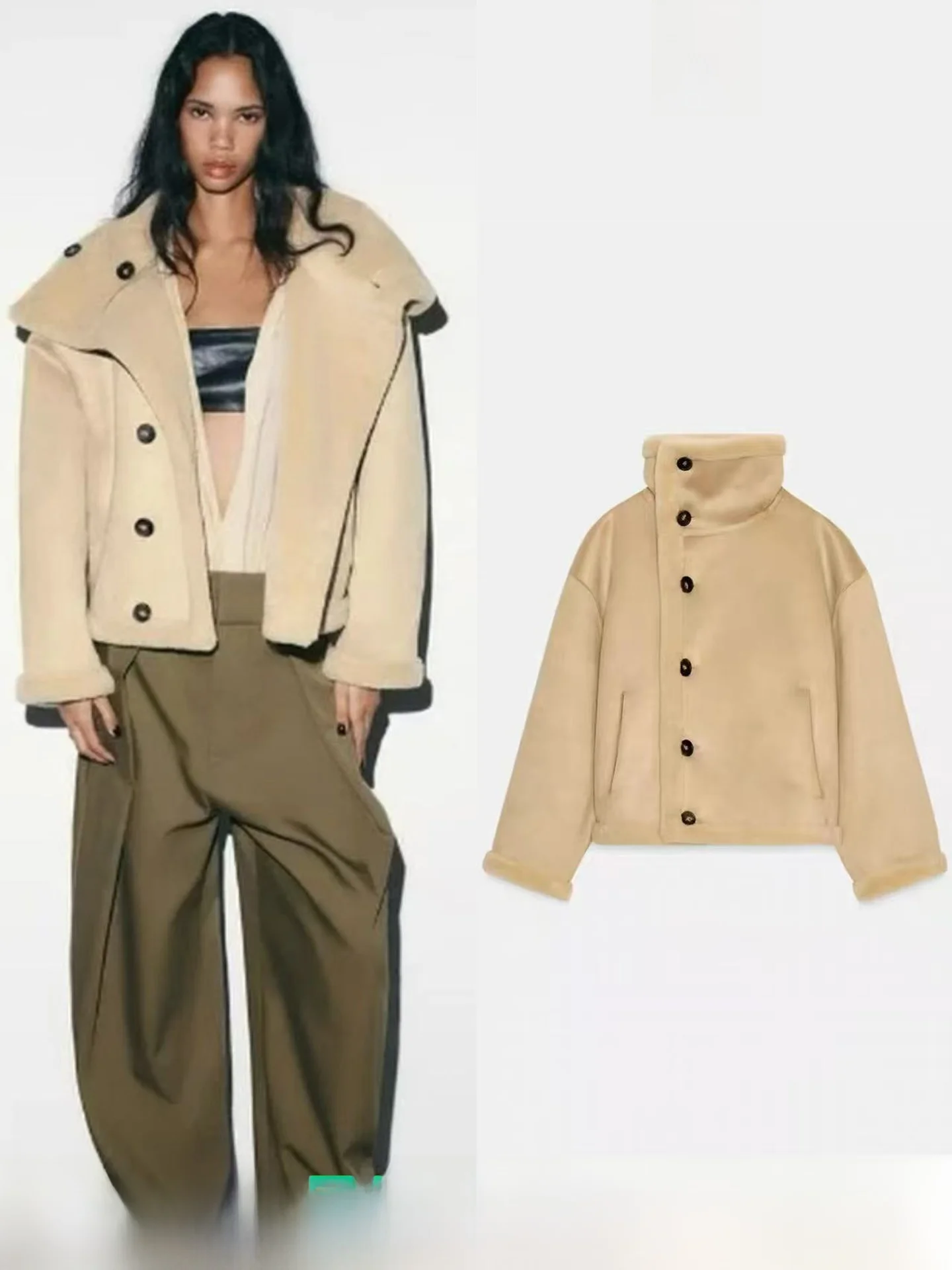 

Double-Sided Fur Jacket Women's Autumn Winter New Fashion Long Sleeve Stand Collar Plush Outerwear Casual Style Polyester Fiber