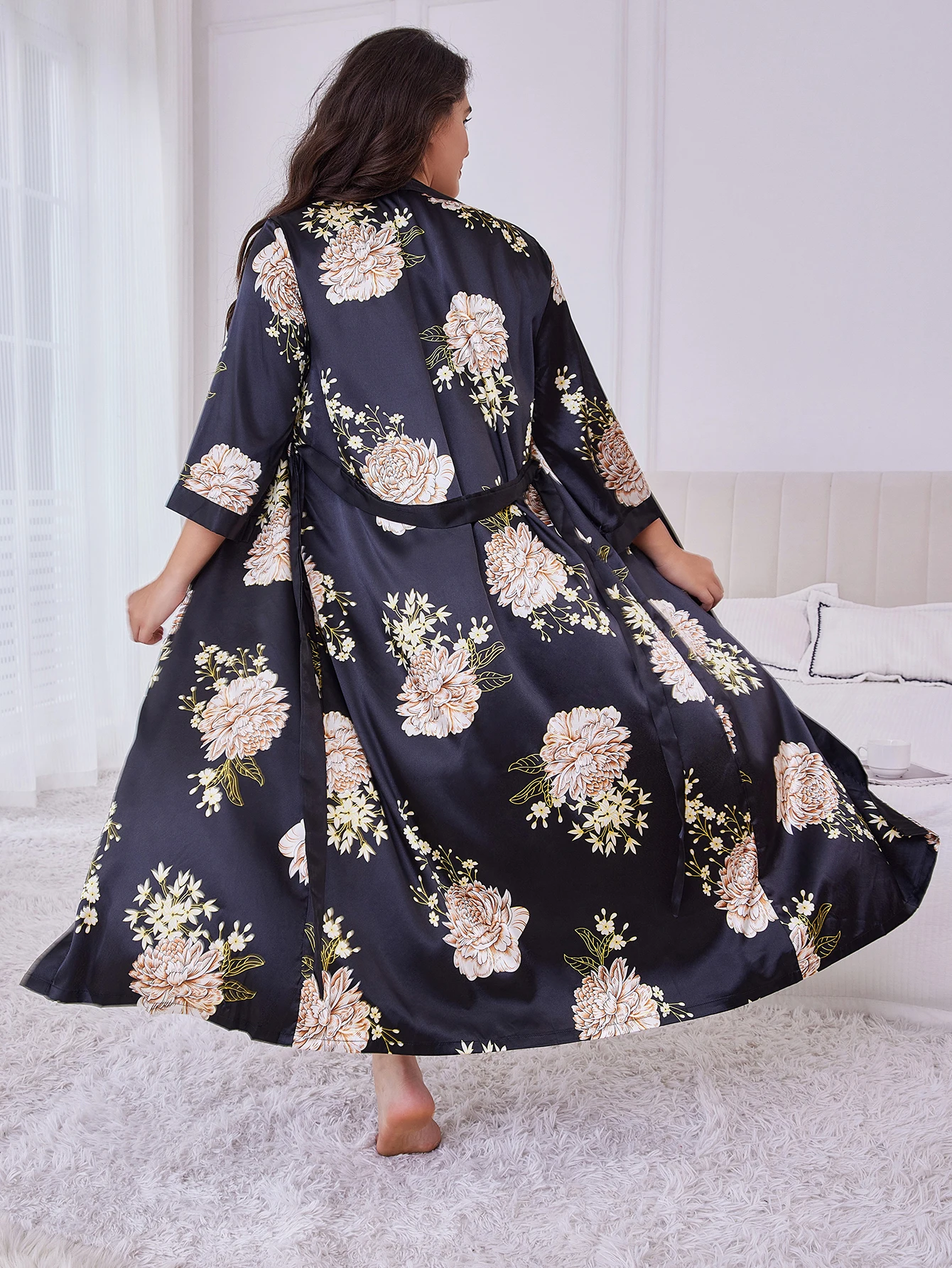 Women's Plus Size Belted Silk Robe Lightweight Random Floral Print Loose Long Sleepwear Fall Winter Loungewear for Curvy Home