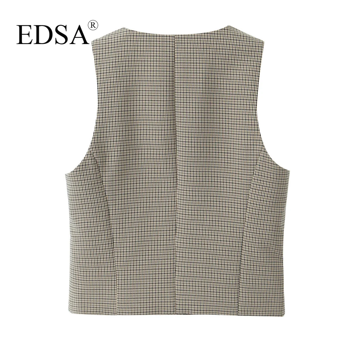 EDSA Women Grey Plaid Tank Top Single Breasted Sleeveless O-Neck for Female Top Blouse Outerwear