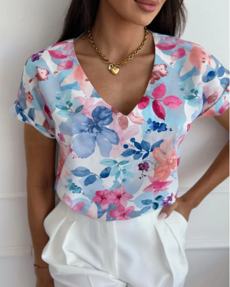 Women's V Neck Short Sleeve Floral Print Top with Rolled Cuffs Casual Summer Blouse