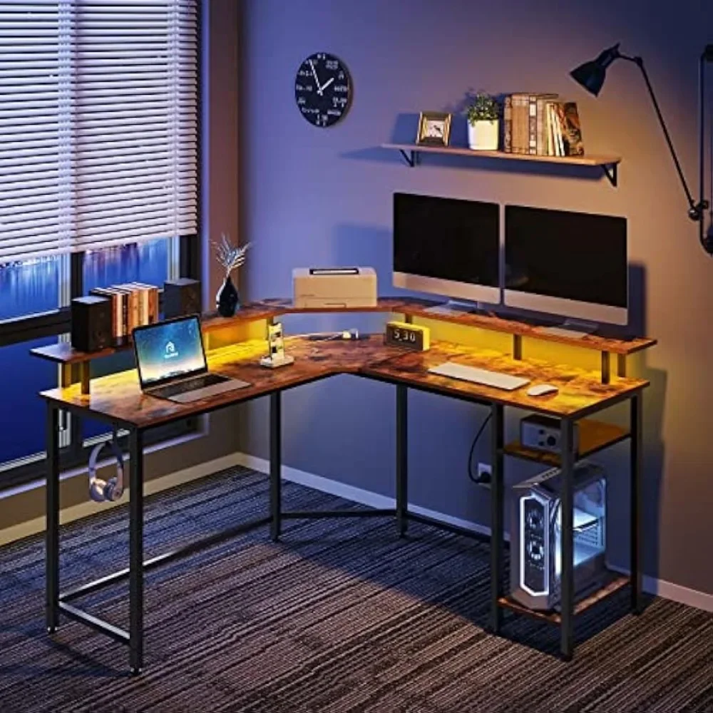L Shaped Gaming Desk with LED Lights & Power Outlets, 56" Computer Desk with Full Monitor Stand & Storage Shelf, with Hooks