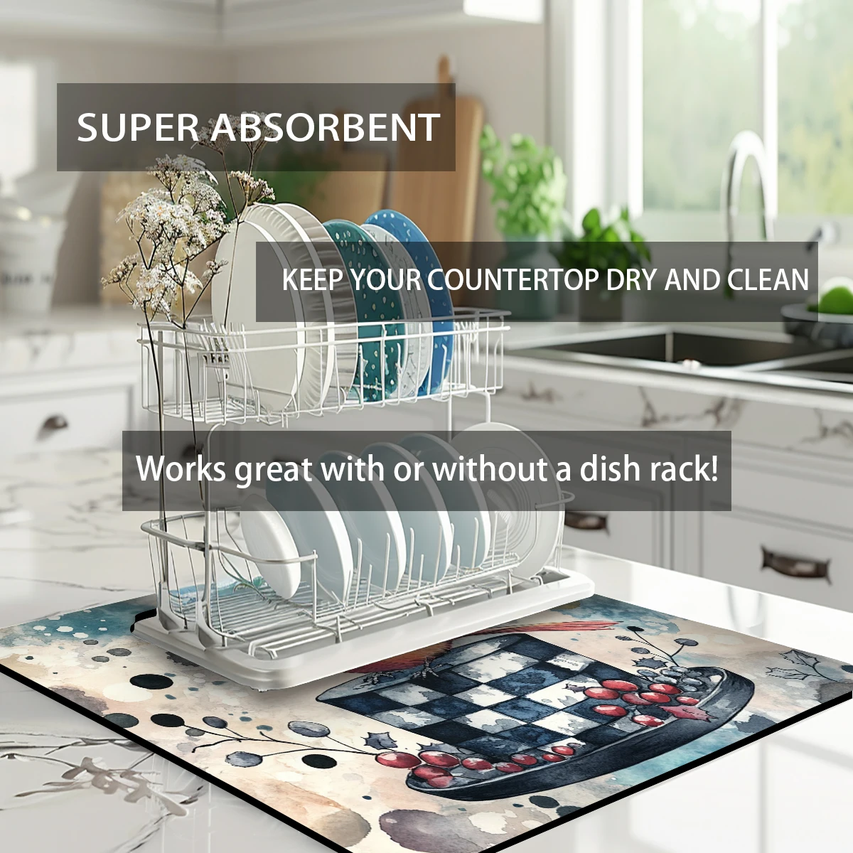 Absorbent Coffee Mat Dish Draining Mat Red Bird Check Hat Kitchen Drying Mat Quick  Bathroom Drain Pad Kitchen Faucet Placemat
