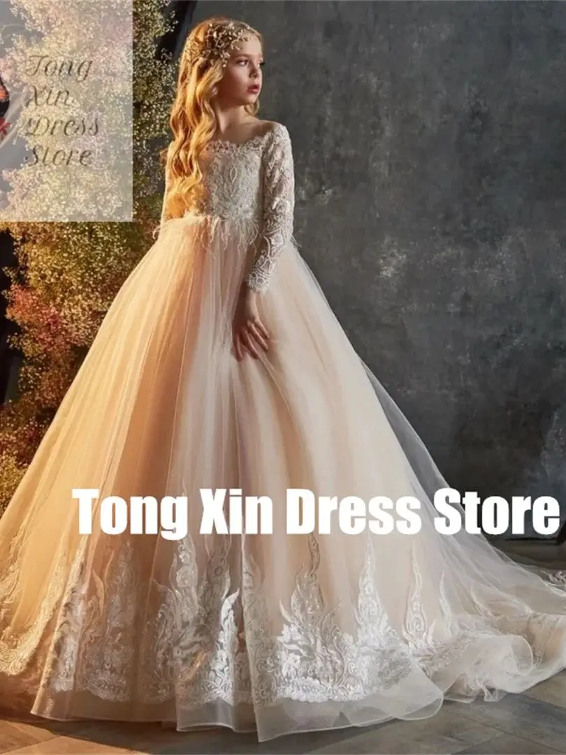 Customized Long Sleeve White Pattern Appliques Flower Girl Dresses Champagne For Wedding Birthday Party Banquet Princess Gowns