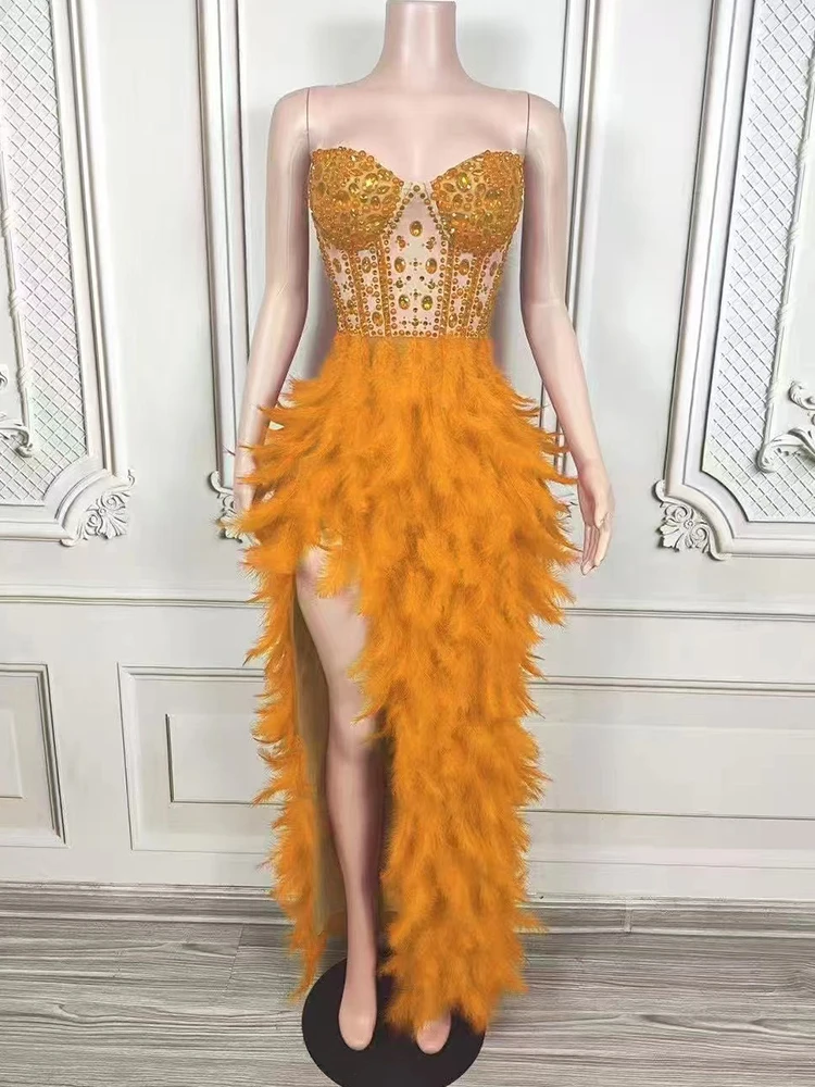

High Quality Rhinestone Feather Splicing Sexy Suspender Irregular Dress 2025 New Fashionable Women'S Clothing