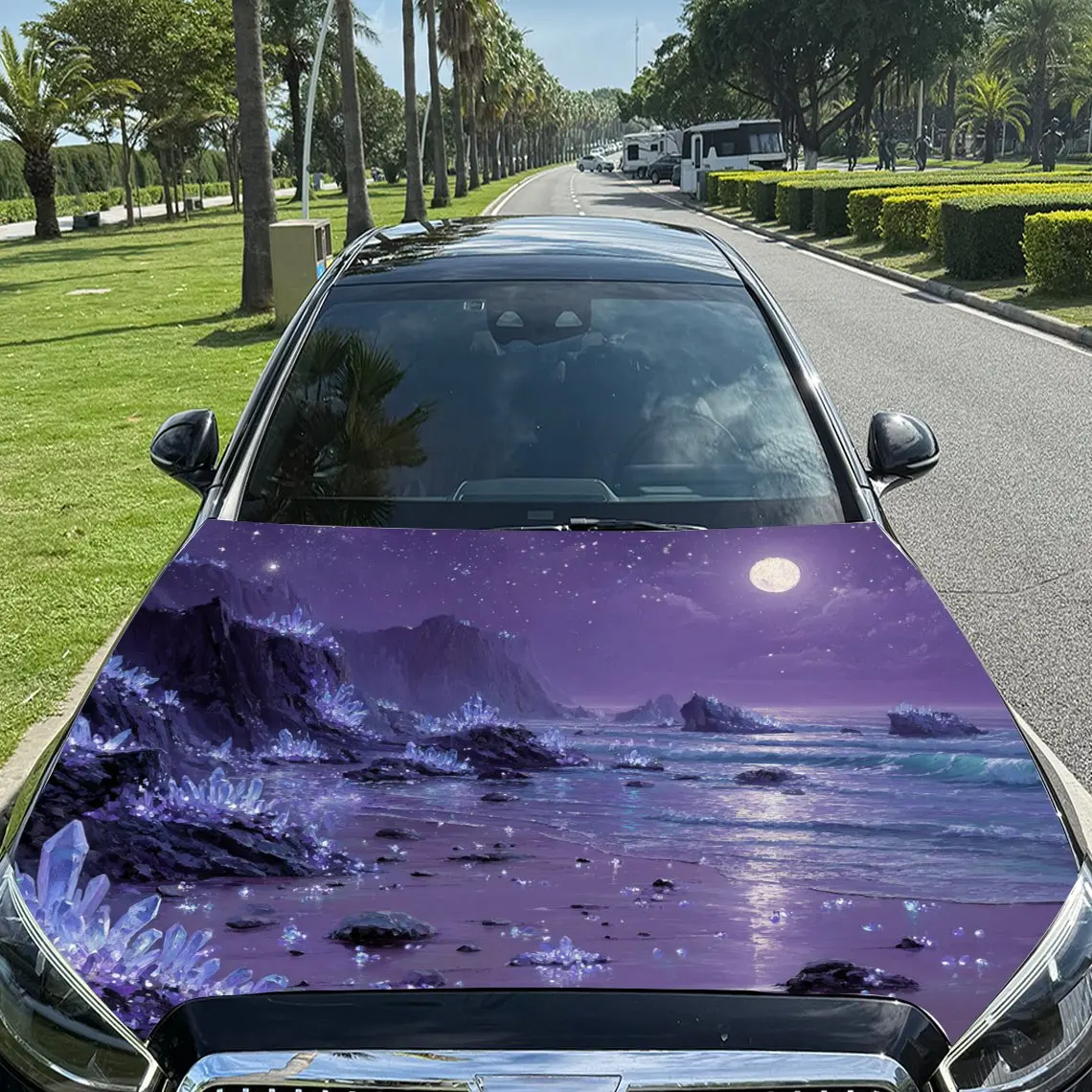 

Dreamy Purple Coast Under Beautiful Moonlit Night Pattern car hood stickers, waterproof self-adhesive, scratch resistant, easy t
