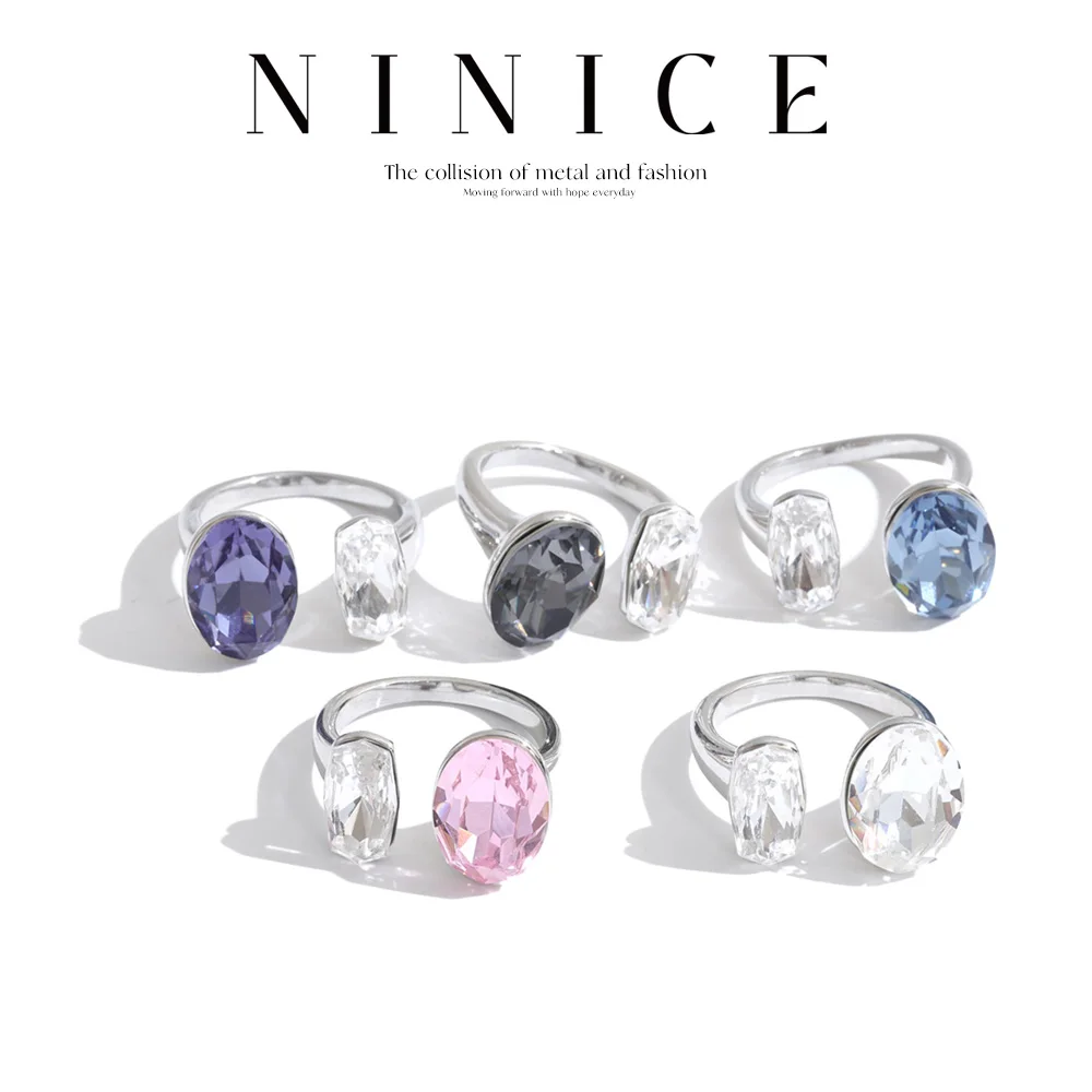 NiNice High Quality Oval K9 Adjustable Stainless Steel Ring Sparkling Statement Women Chic Party Jewelry New Arrivals