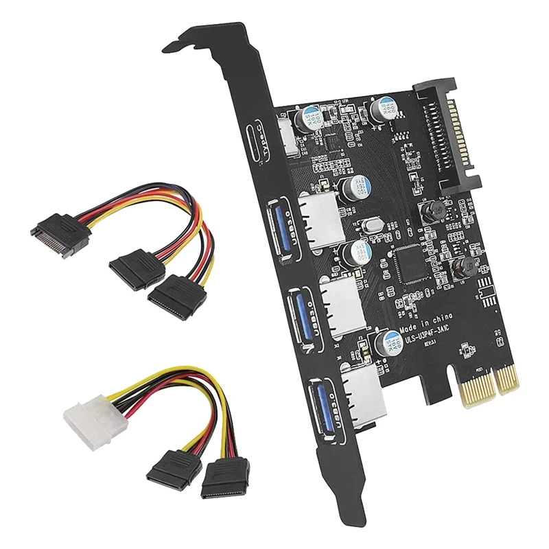 

Плата расширения 3A1C PCI-E к USB 3,0 с 4 портами (1XUSB-C-3XUSB-A) и 15-контактным разъемом SATA, подходит для Windows