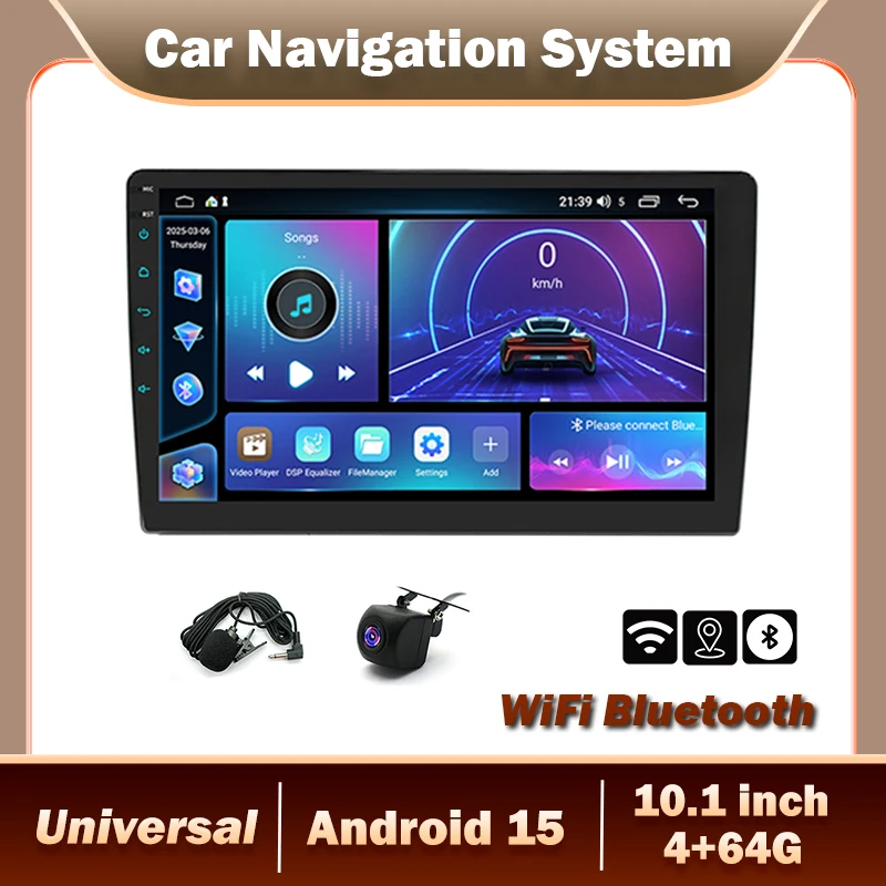 Universal 2 Din Car Stereo with 10.1 Inch Touchscreen 4+64G GPS Navi with Carplay Android Auto Car Radio with 720P Backup Camera