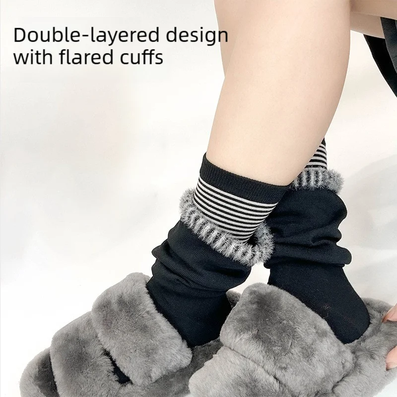 Women's Double‑Layer Stacked Flared Cuff Stacking Socks, Thin Summer Striped Socks, Breathable Sweat‑Absorbent Fashion Mid‑Calf
