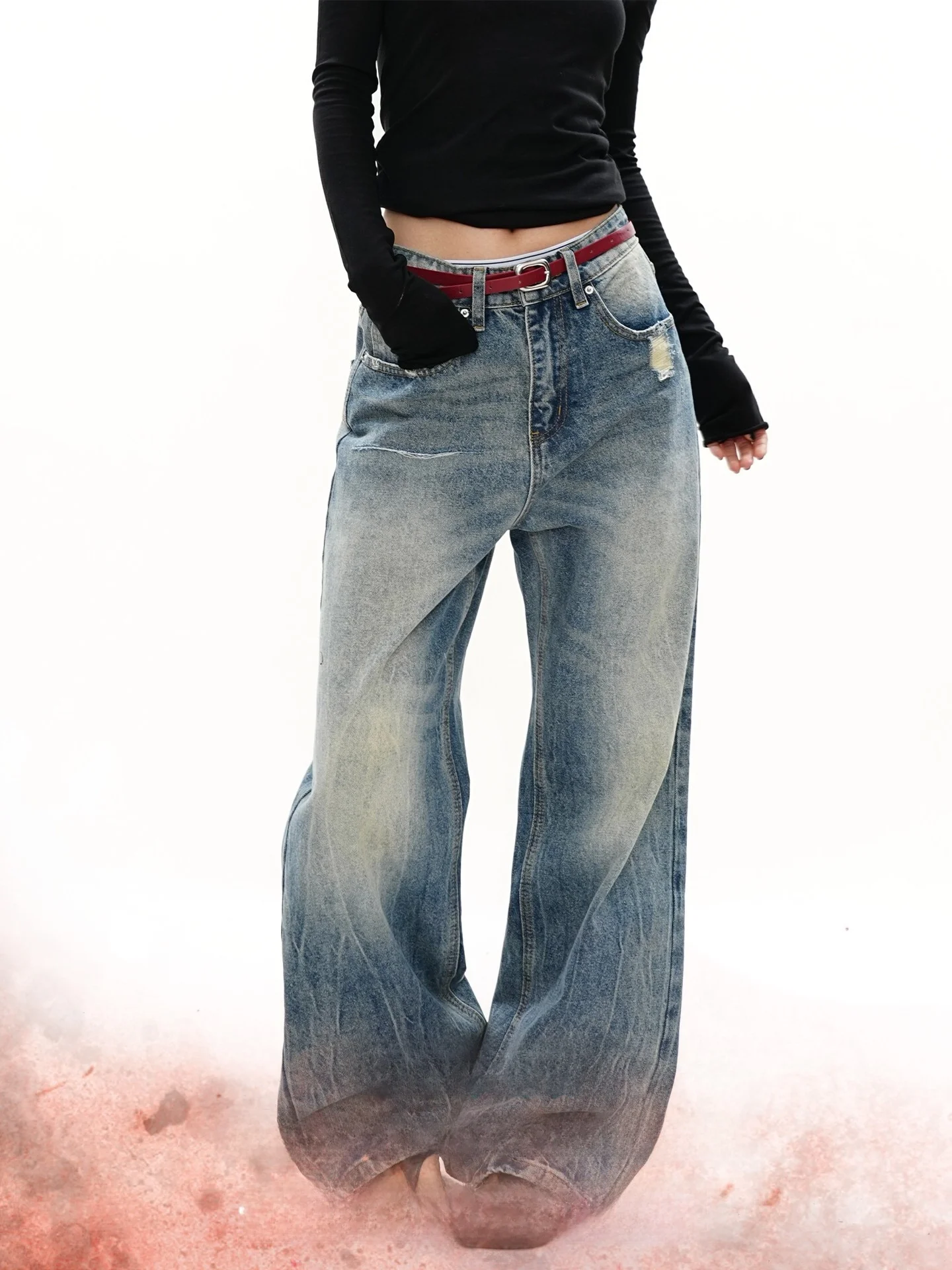 

S3T5 Men's Vintage Washed Denim Jeans Knife Crack Pattern Wide Leg Casual Trousers for Couples Wear Resistant All Seasons