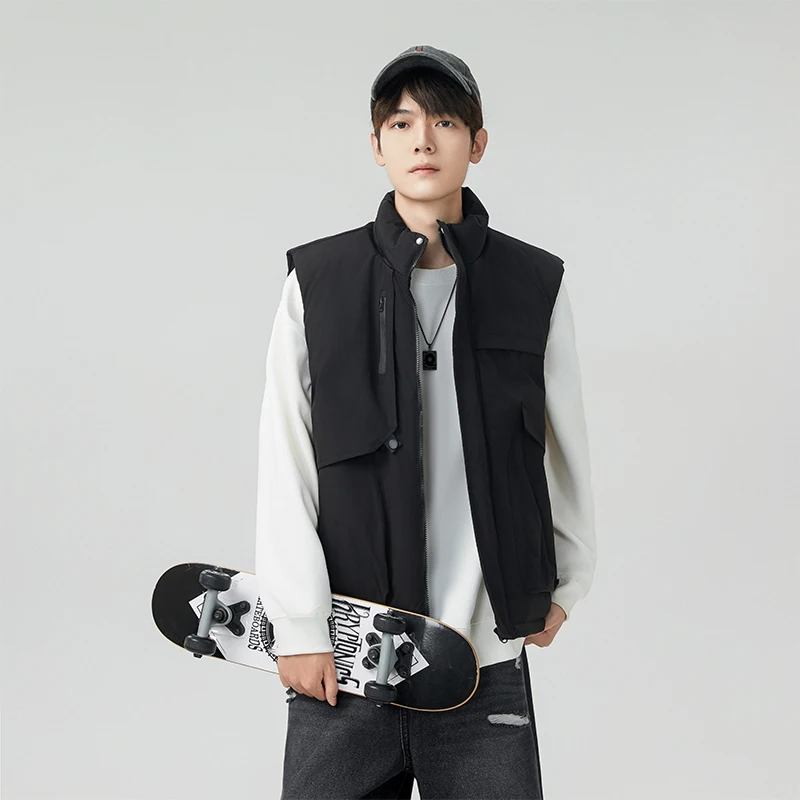 Gilet à col montant de couleur unie, grande poche, vêtements de travail, gilet en coton épais, nouveau manteau confortable à la mode, automne hiver
