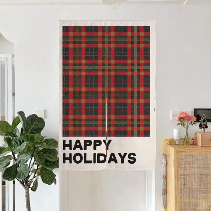 VIKAMA Christmas FA LA Cross Stitch Door Curtain Dark Green Knitted Text Snowflake Border Ugly Sweater Holiday Linen Noren Soft
