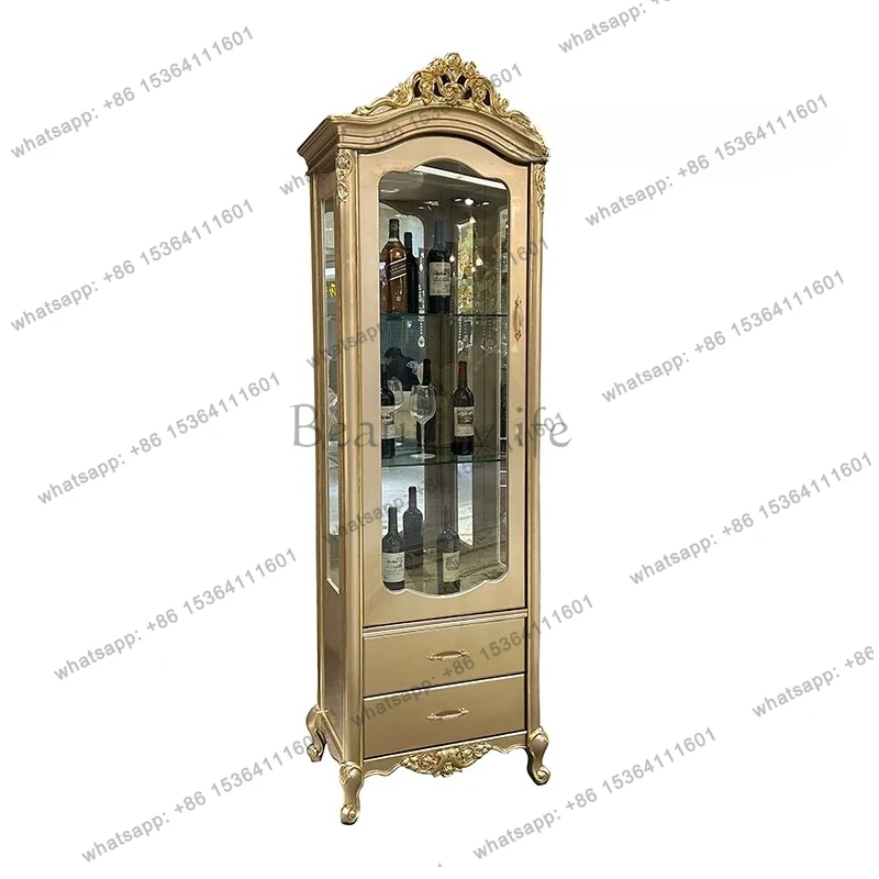 

French solid wood single-door wine cabinet, European luxury carved living room glass display cabinet