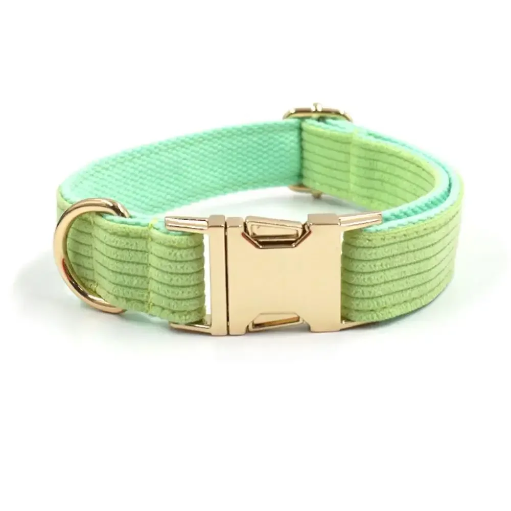 Personalized Dog Collar with Free Engraving, Matching Pet Leash,Customzied Contacts Metal Buckle,Green Corduroy Fiber Pet Collar