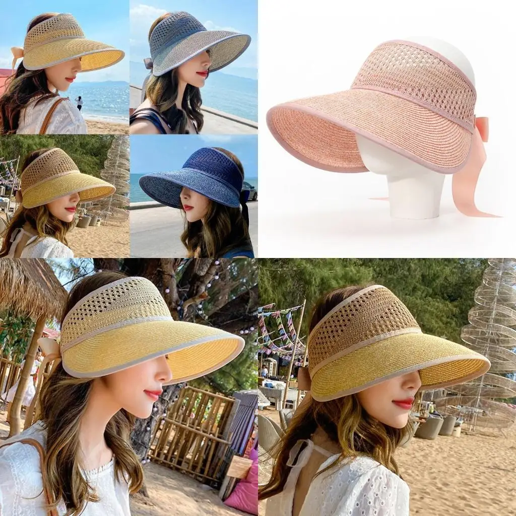 قبعة R1WE النسائية من الدانتيل ذات عقدة زهور وشريط قابل للطي من القش تحمي طفلك