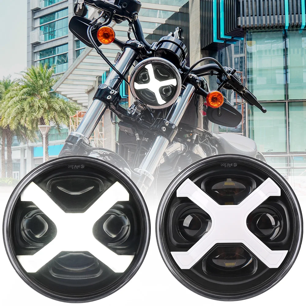 5-3/4 Inch Round X Shape LED Headlamp, High Low Beam Waterproof Head Light Fit Harley Sportster Dyna Series Motorcycles