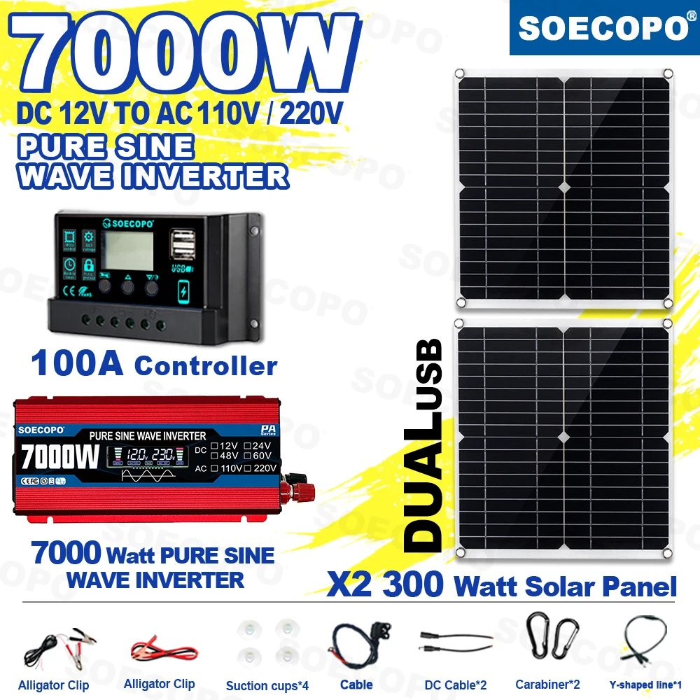 

SOECOPO 7000W Pure Sine Wave Solar System Kit 2x300W Panels 100A Controller 12V DC to AC 110V 220V Inverter for Home Camping