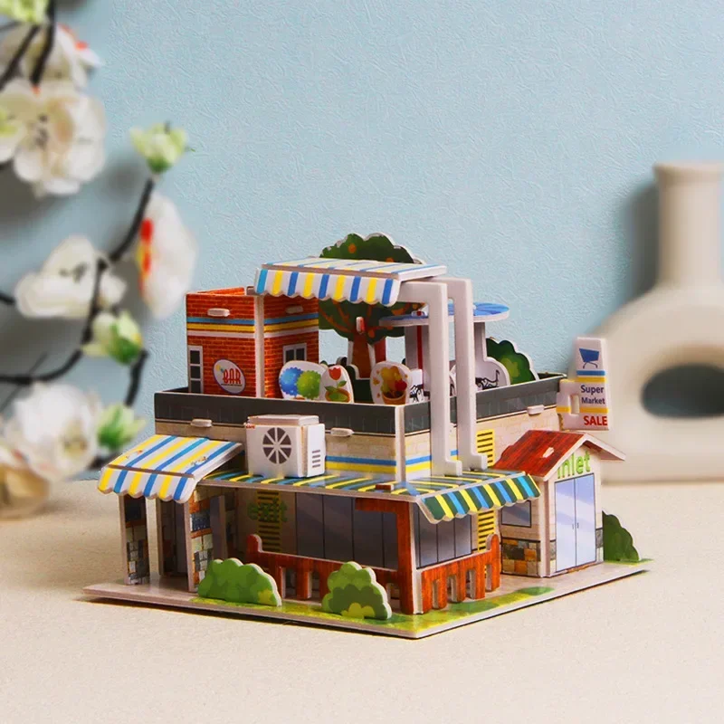 3D Exquisite Paper Puzzles Children\'s Handmade DIY Toys IceCream French-Hotel Flower-shop Supermarket  WL