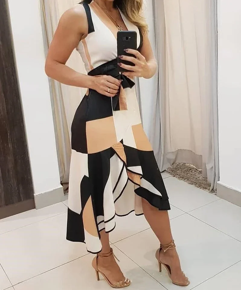 

Sleeveless Dress Women's Clothing Summer 2024 New V-neck Printed Female's Dresses Fashion Versatile Casual Longuette Streetwear