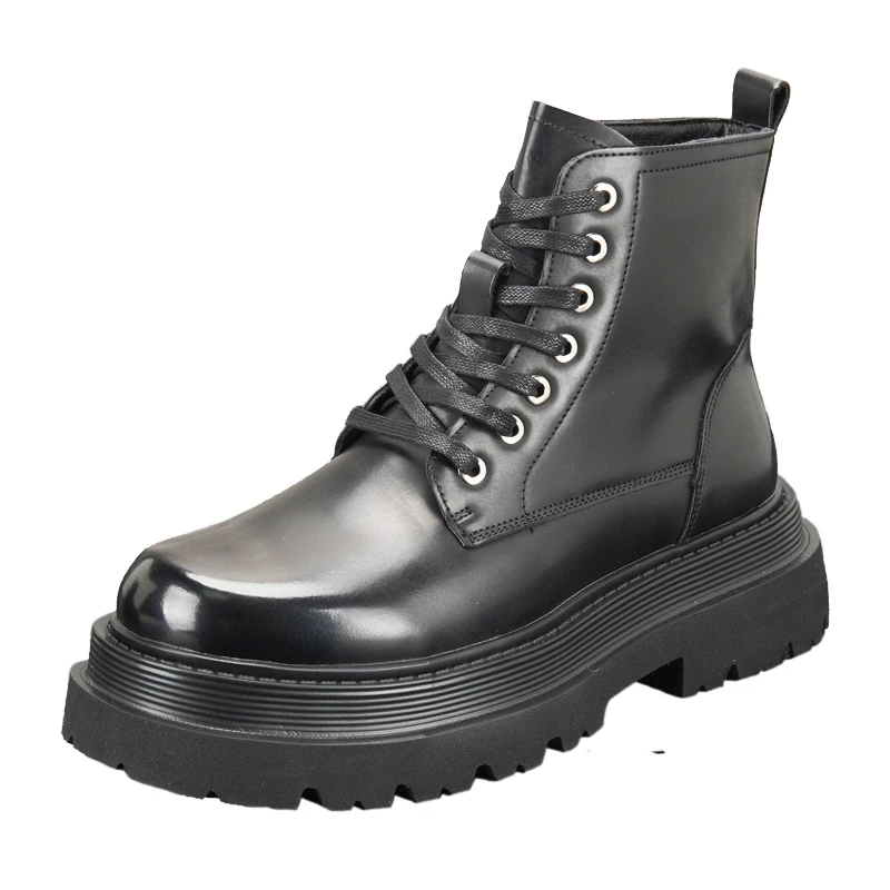 

Metal Thick-Soled Heightening man Ankle Boots Dark Punk Lace Up Leather Round Toe Goth Motorcycle Boots Short Boots