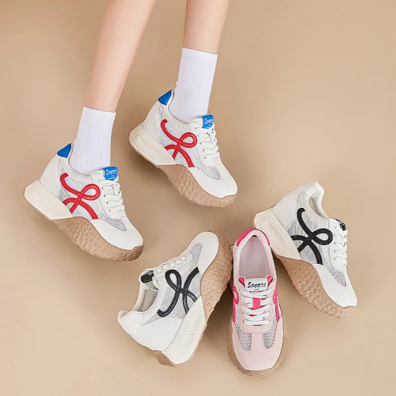 

7cm Women Retro Bow Knot Platform Sneakers Breathable Mesh Lace‑Up Hidden Height Increase Non‑Slip Casual Walking Shoes