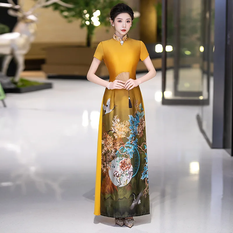 Elegant Yellow Cheongsam Women's Retro Improved Version Standing Collar Short Sleeved Dress Party Banquet Evening Dress