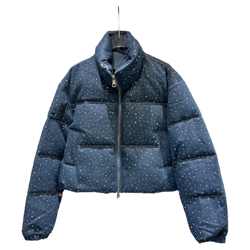 フルダイヤモンド装飾 レディース 中綿ジャケット 2025年新作 冬 スタンドカラー ジップ ショートパーカー オールマッチ 長袖 女性用 綿入れコート