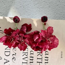 Burning Roses Autumn/Winter Crystal rose earrings with exaggerated retro ambience feel wine red emulation flower earrings for fe