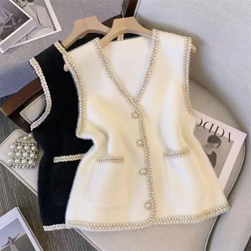 

Vest Women's 2024 New V-neck Knitted Vest Mink Fleece Sweater Women's Spring and Autumn Wear Vests Tank Top