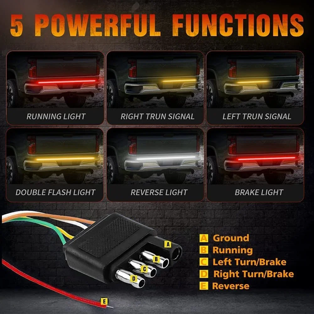 12V 48/60 Inch Car Brake Turn Light Warning Signal Flexible LED Strip Rear Tail Running Reverse Double Flash Lights Red