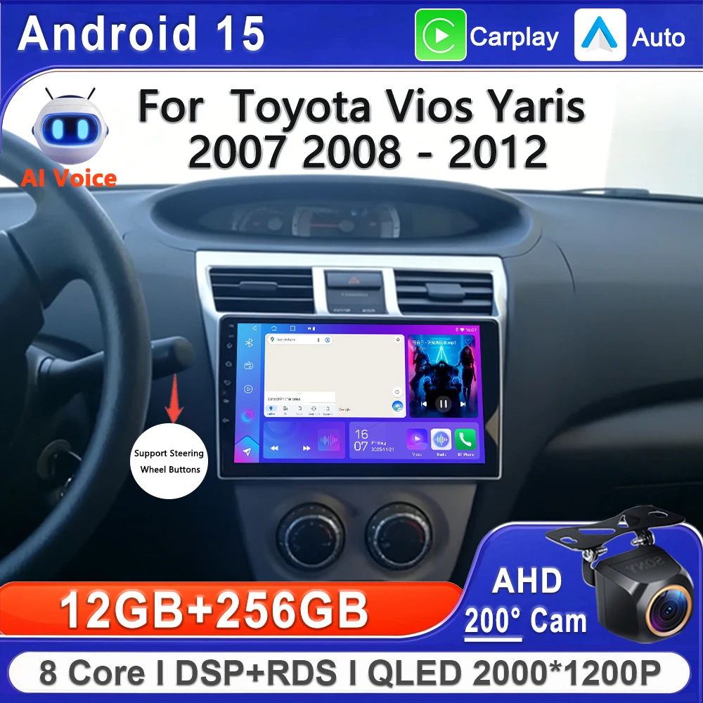 

Android 15 Car Touch Screen For Toyota Vios Yaris 2007 2008 - 2012 Plug and Play Stereo Head High-performance CPU GPS Navigation