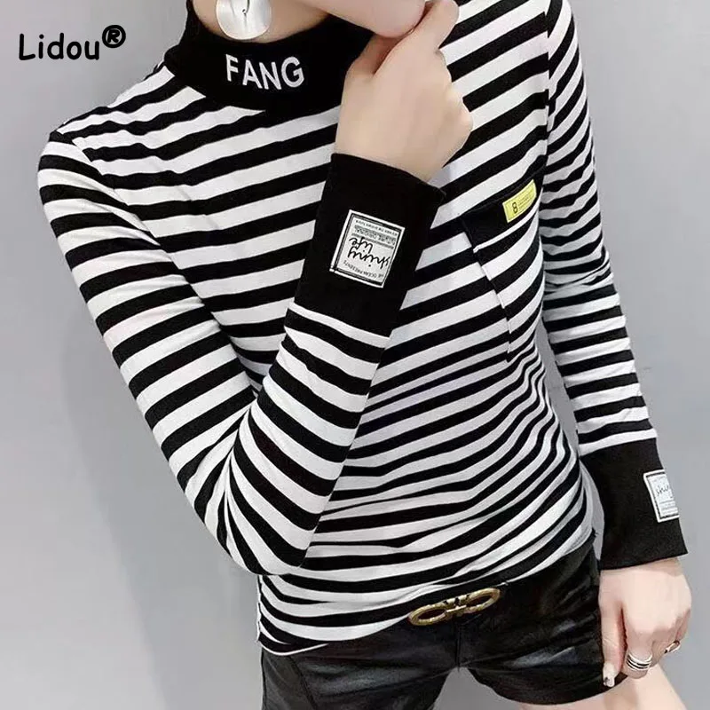 

Women's Korean Casual Half High Collar Striped Tops Fashion Slim All-match Long Sleeve Pullovers T-shirt Autumn Female Clothing
