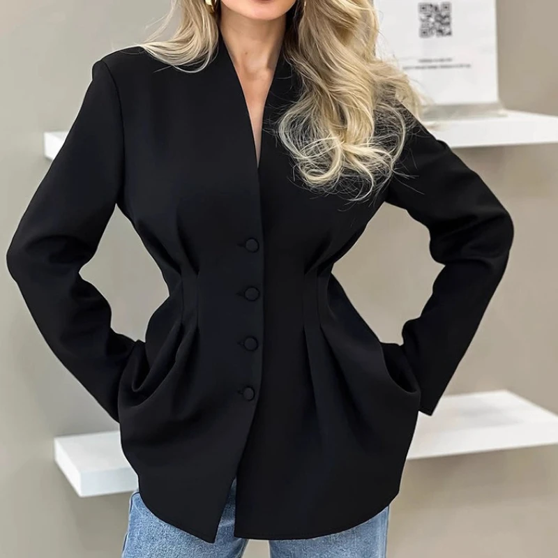 

Autumn Temperament, Elegant Slim Waist, Black Small Suit, Commuter Design, V-neck Suit Jacket
