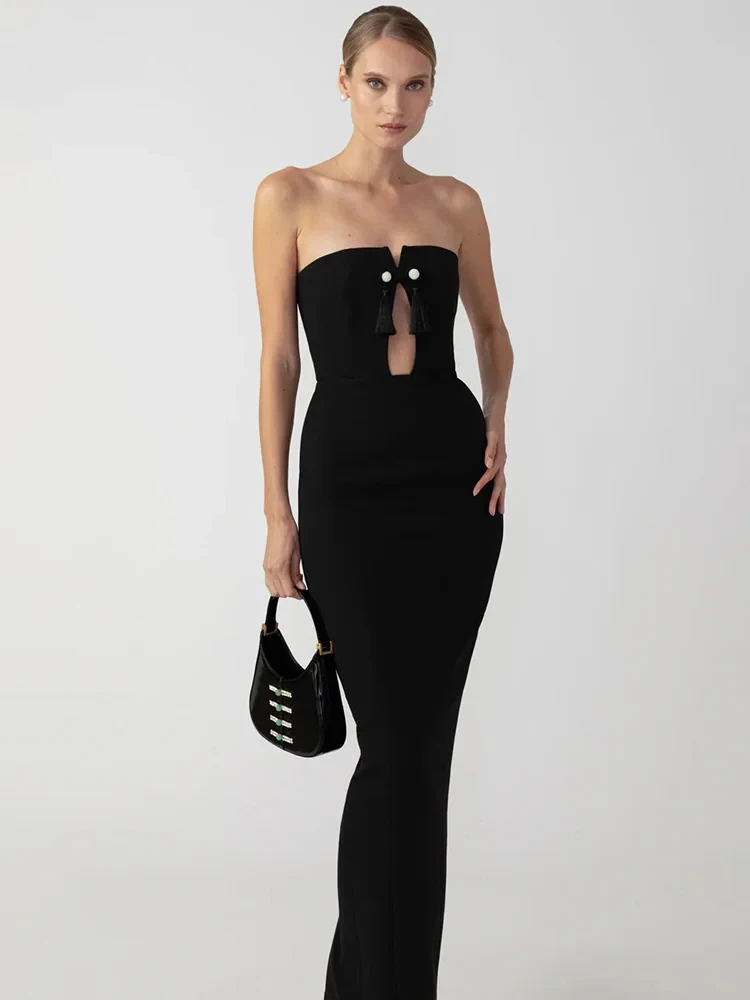 Sexy trägerloses Bandage-Maxikleid, lässiges Club-Partykleid für Frauen, ärmellos, Ausschnitt, Schleife, Knopfdetails, solide, schlank