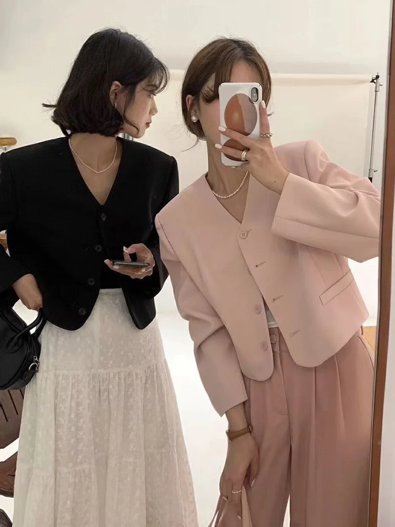 

Korean Style Commute Short Single Button V-Neck Women's Jacket Spring Fashion Street Style Small Size High-End Feeling