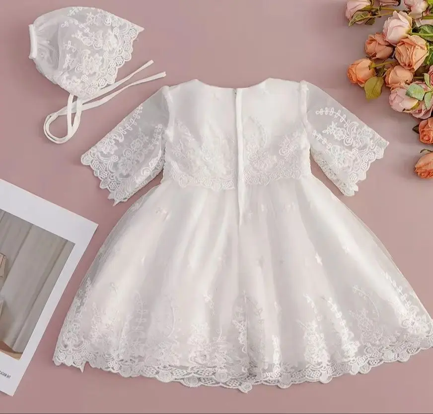 White Embroidered Baby Girl Baptism Dress with Hat Infant Christening Clothing Kid's Religious Event Outfit