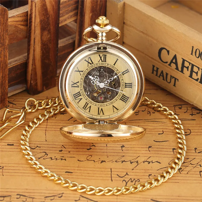 Luxury Hollow Phoenix Pocket Watch Unisex Automatic Mechanical Watches Fob Pendant Chain Yellow Gold Roman Number Timepiece Gift