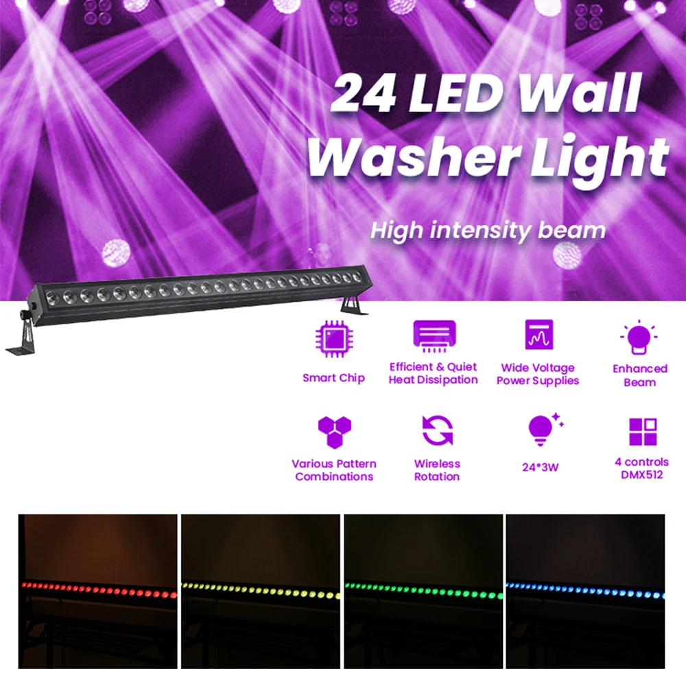 24LED Waterproof Stage Wash Light Bar RGB 3in1 Wall Washer Light DMX & Sound Activated Uplights for Events Church Wedding Club