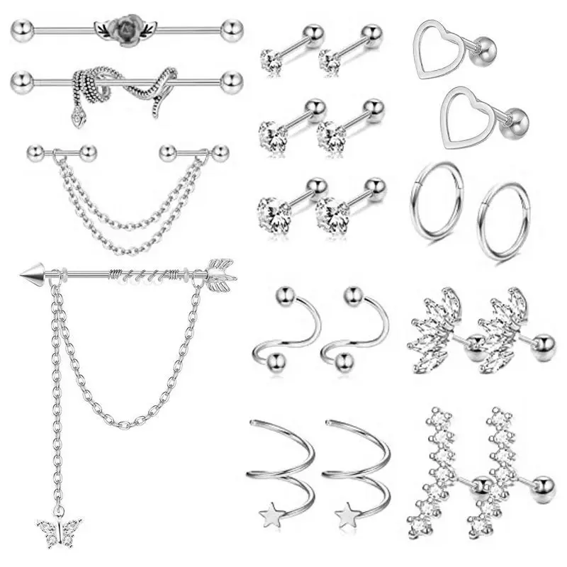 Guemcal 22 Pc Personality Fashion Stone Industrial Stud Stud Stainless Steel Piercing Bone Stud Set