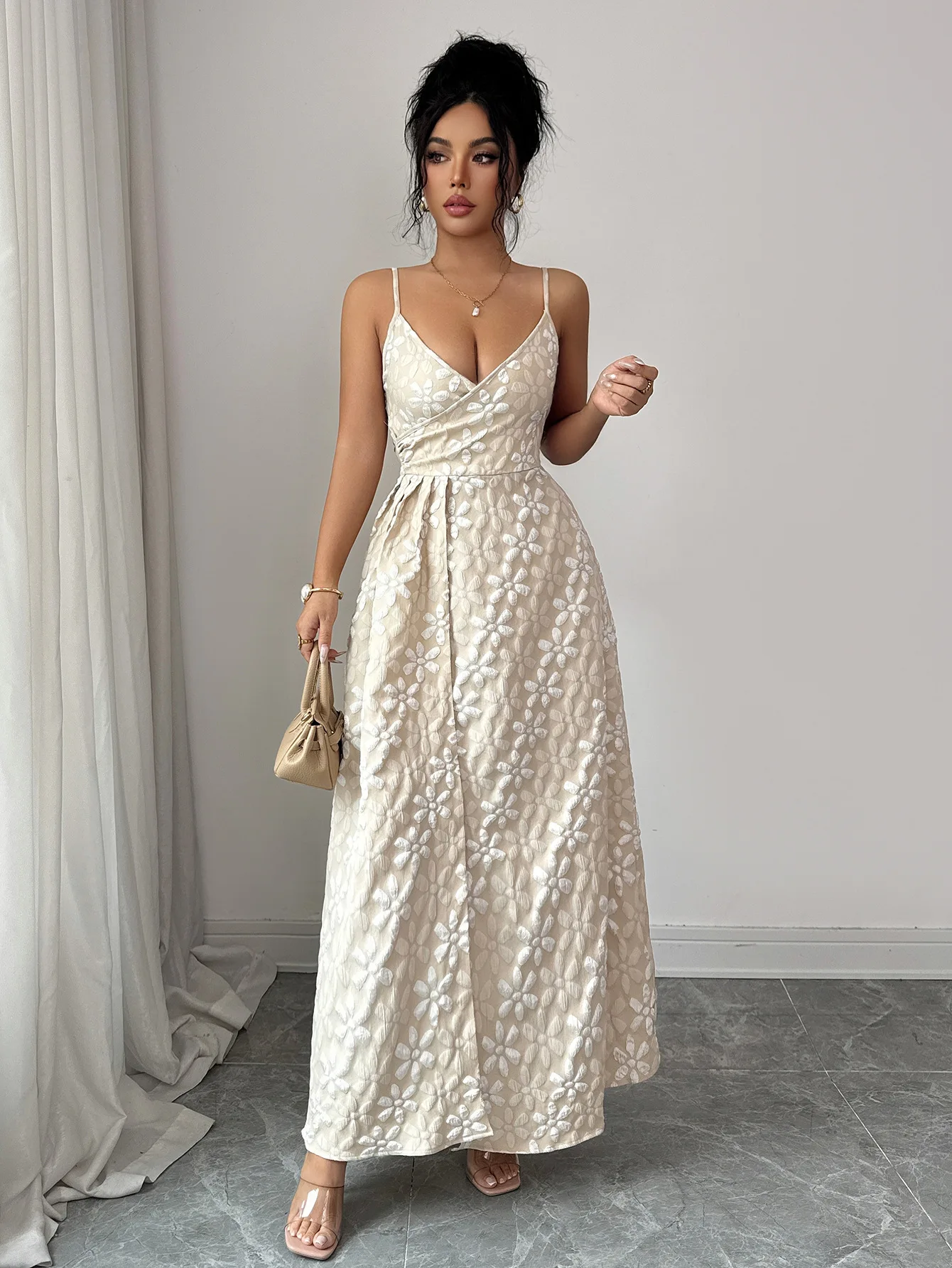 

Женское платье-бестселлер с глубоким V-образным вырезом, цветочным жаккардом, завышенной талией, макси-длина, элегантное, сексуальное, для вечерних мероприятий, свадеб, гостей, выпускных вечеров