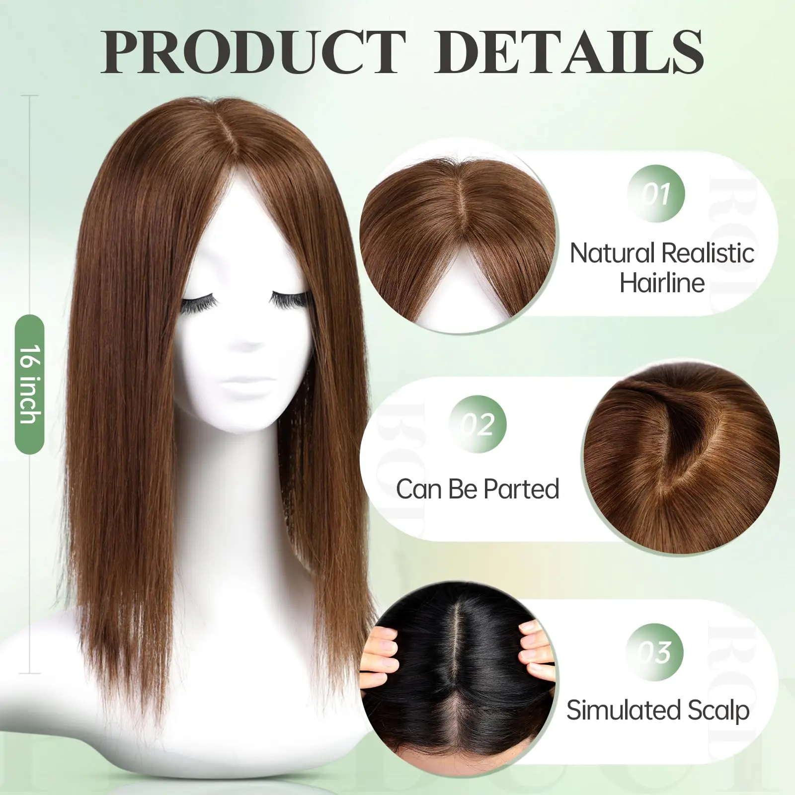 Ekstensi Rambut Manusia Remy Lurus 16 Inci, Warna Cokelat Muda, untuk Wanita, 3 Jepitan