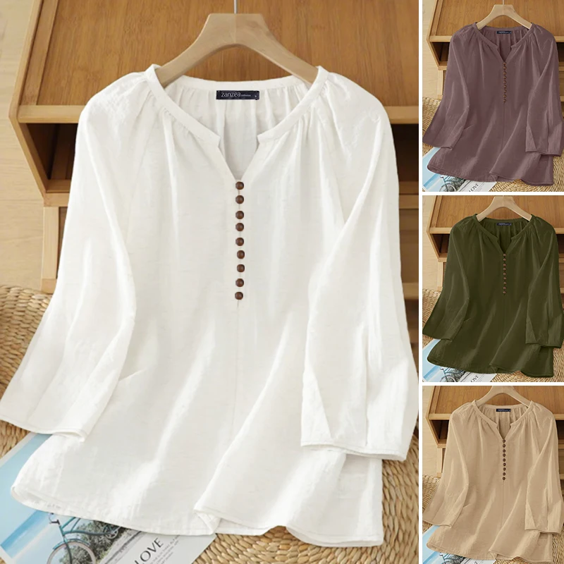 

Женская блузка ZANZEA 2026: весенне-летняя повседневная рубашка с V-образным вырезом, рукавом 3/4, однотонная, элегантная, для офиса, оверсайз