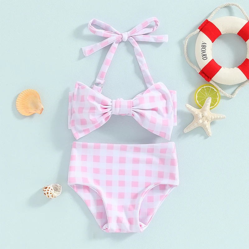 Toddler Girl Bikini Set Baby Kid Summer Swimsuit Bathing Suit Flower Plaid Print Sleeveless Bow Bikini Tops with Short Swimwear